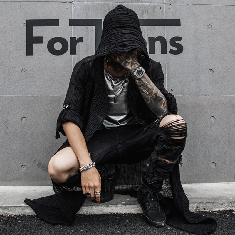 Textured Black Longline Open-Front Hooded Cardigan