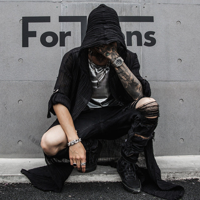 Textured Black Longline Open-Front Hooded Cardigan Hover Image