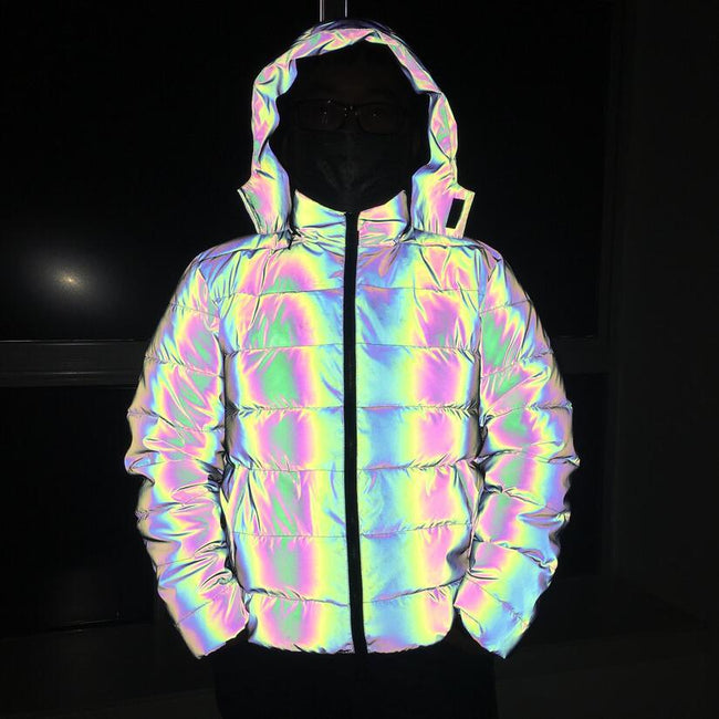 Holographic Rainbow Reflective Puffer Jacket Hover Image