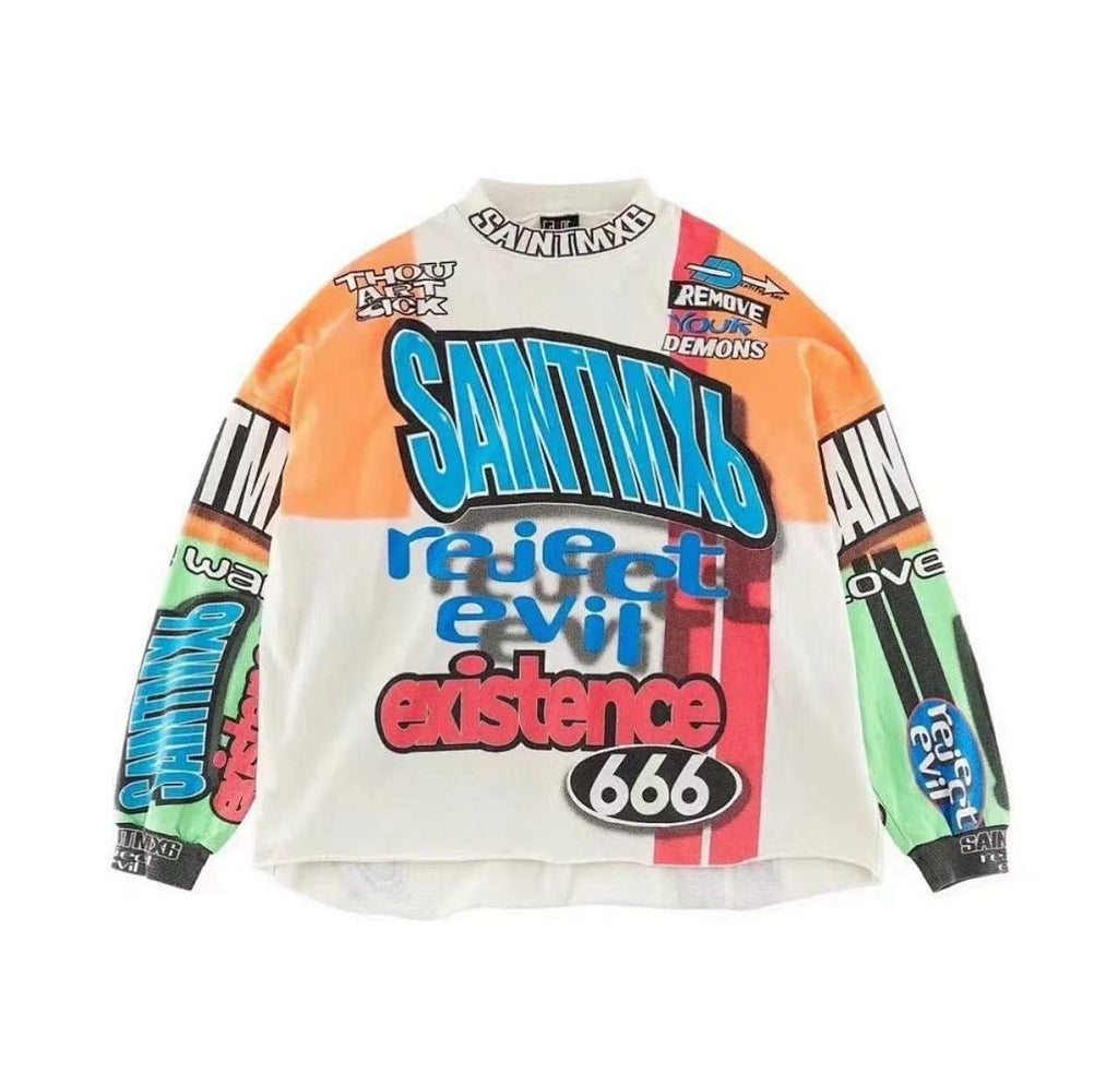 Saint Michael Graffiti Colorblock Long Sleeve Tee in Off White