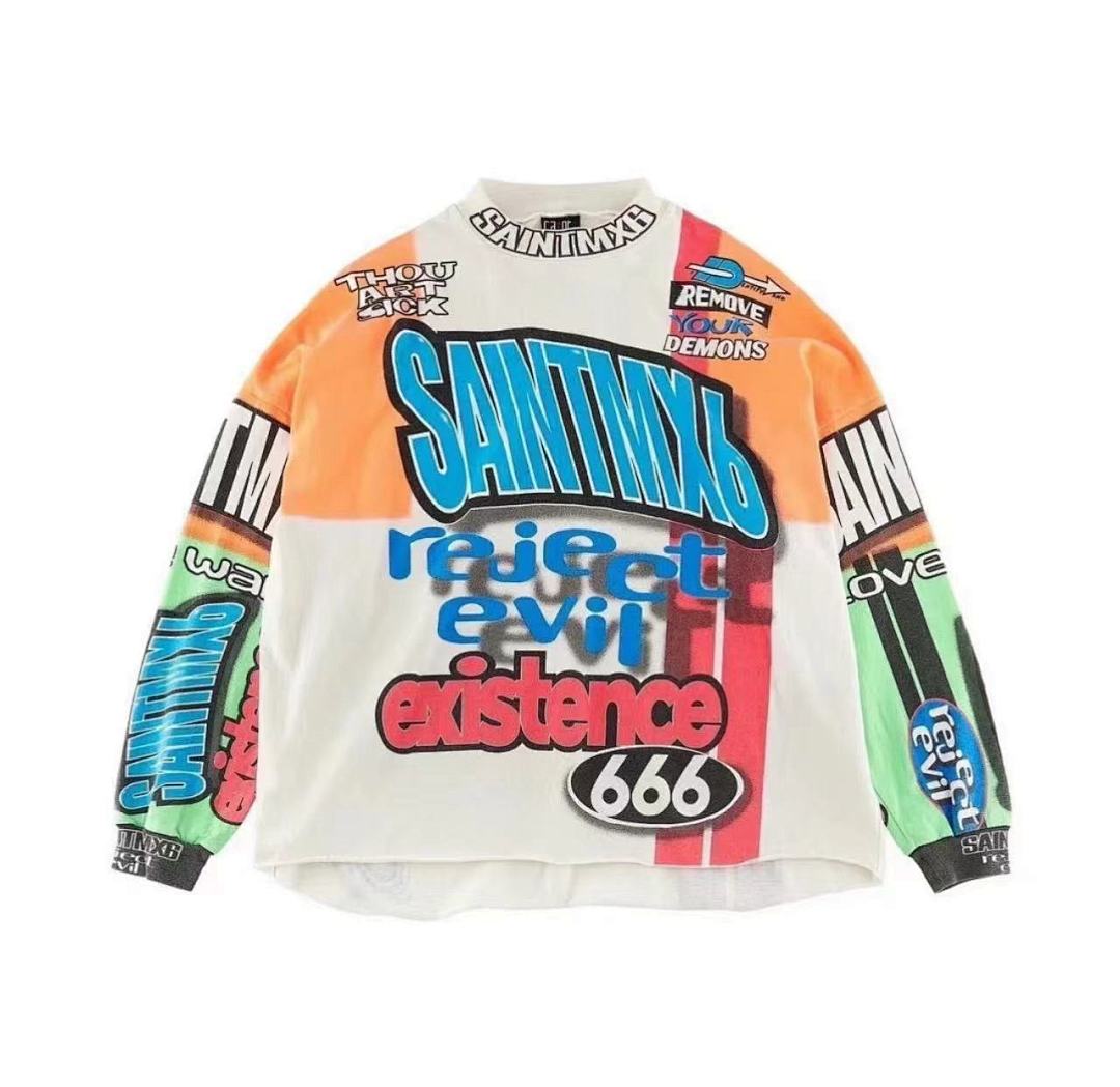 Saint Michael Graffiti Colorblock Long Sleeve Tee in Off White