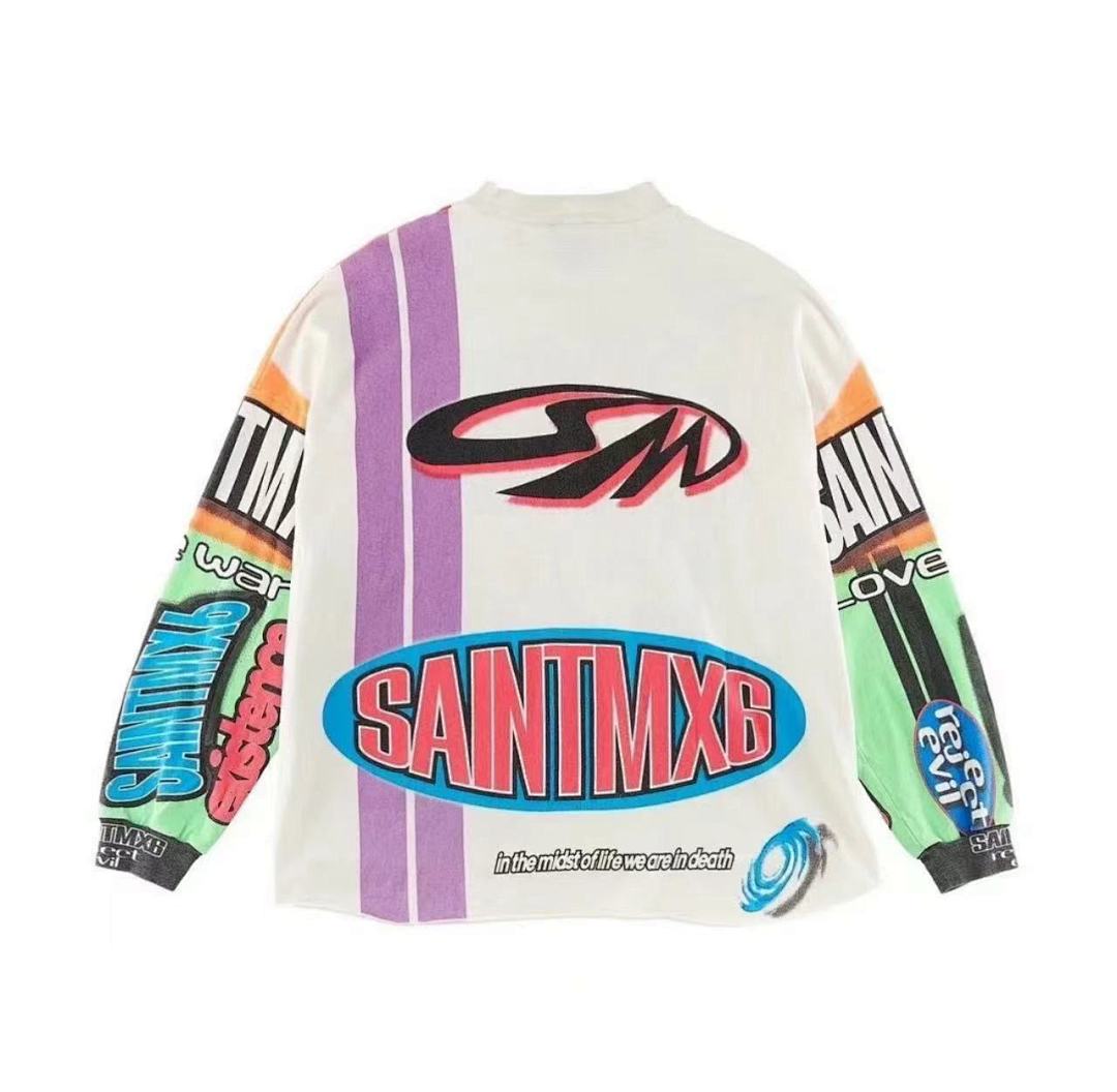 Saint Michael Graffiti Colorblock Long Sleeve Tee in Off White
