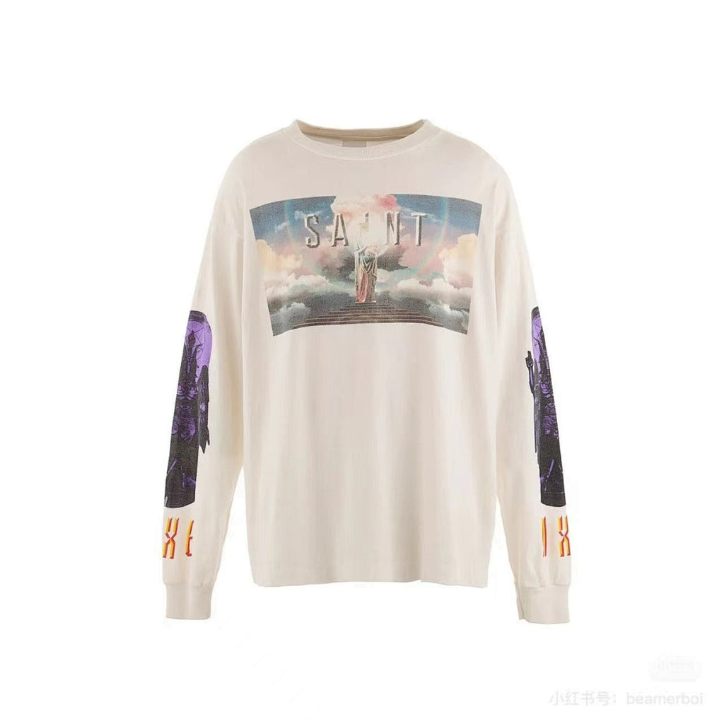 Saint Michael Heavenly Saint Print Long Sleeve Tee in Vintage White