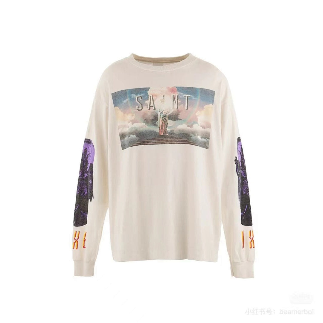 Saint Michael Heavenly Saint Print Long Sleeve Tee in Vintage White
