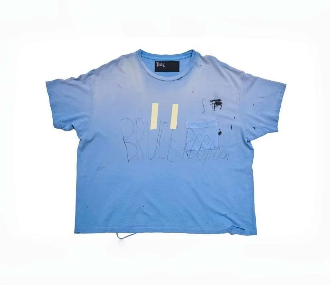 Paly Hollywood Faded Blue Distressed Cropped T-Shirt