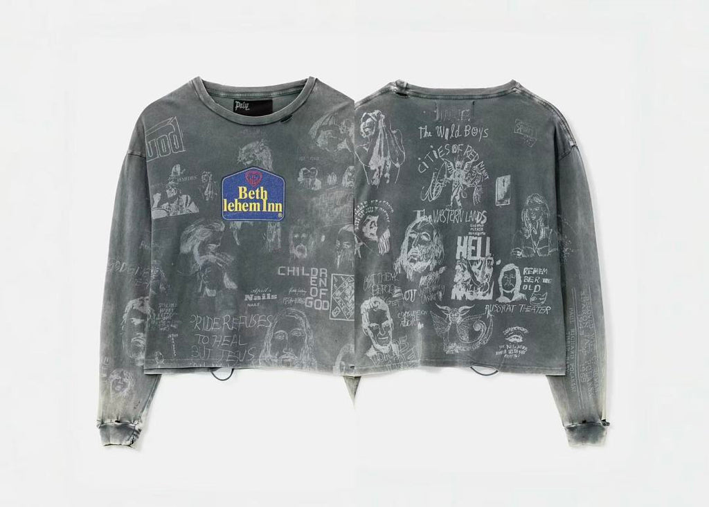 Paly Hollywood Beth Lehem Inn Charcoal Graphic Cropped Long-Sleeve Tee