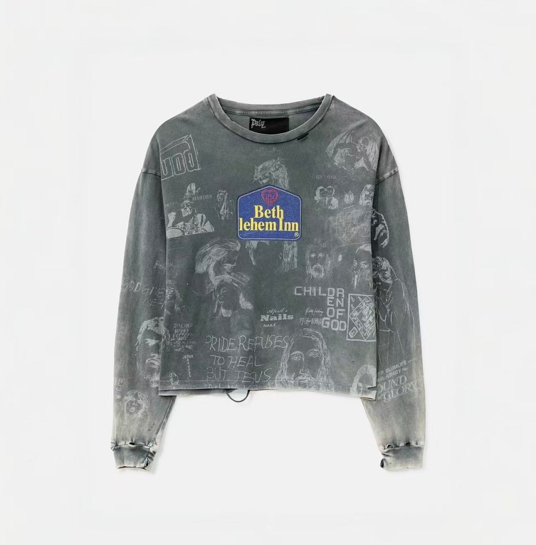 Paly Hollywood Beth Lehem Inn Charcoal Graphic Cropped Long-Sleeve Tee