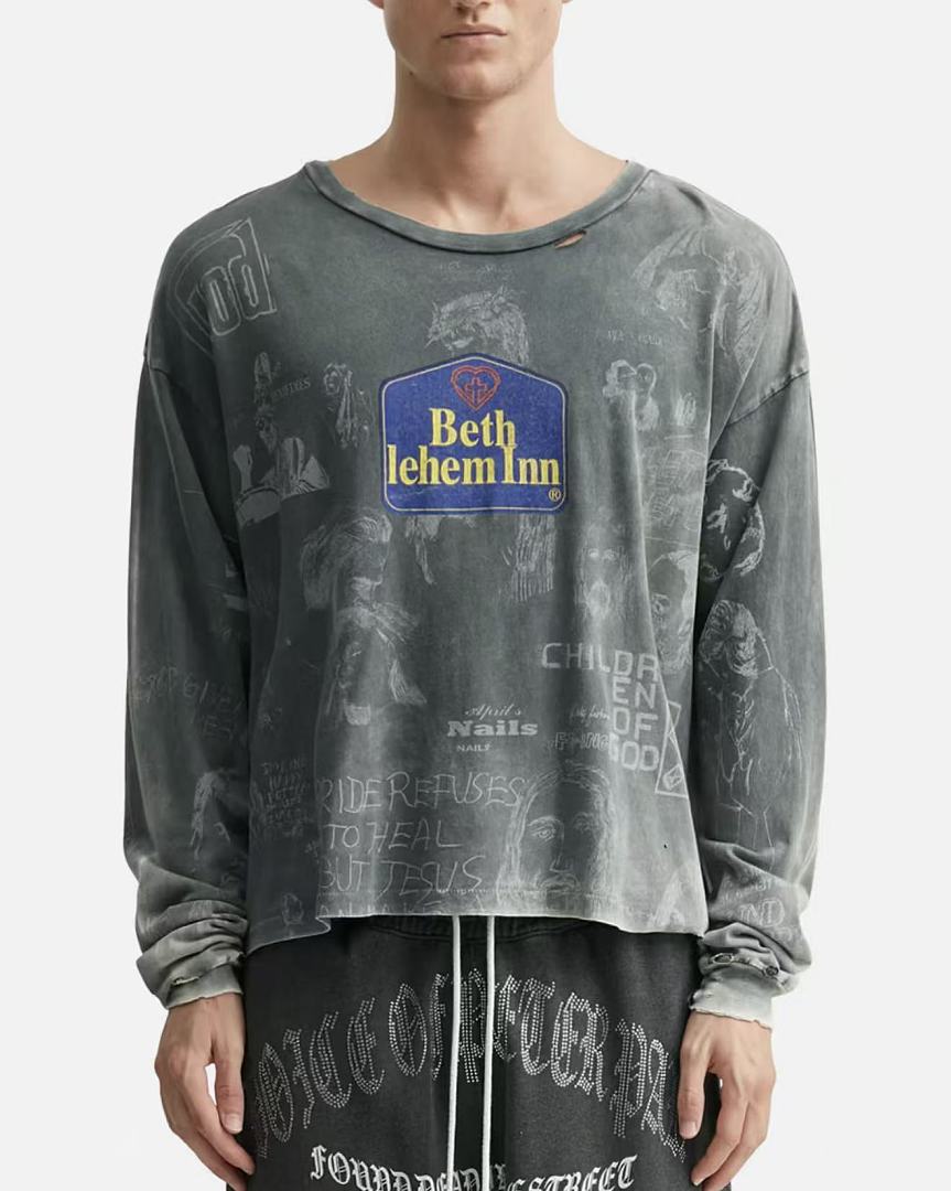 Paly Hollywood Beth Lehem Inn Charcoal Graphic Cropped Long-Sleeve Tee