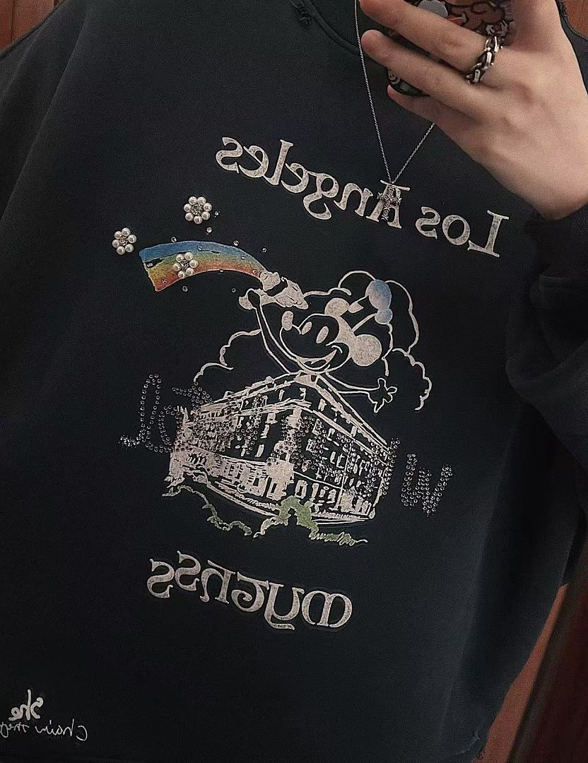 Paly Hollywood Los Angeles Cartoon Graphic Black Sweatshirt
