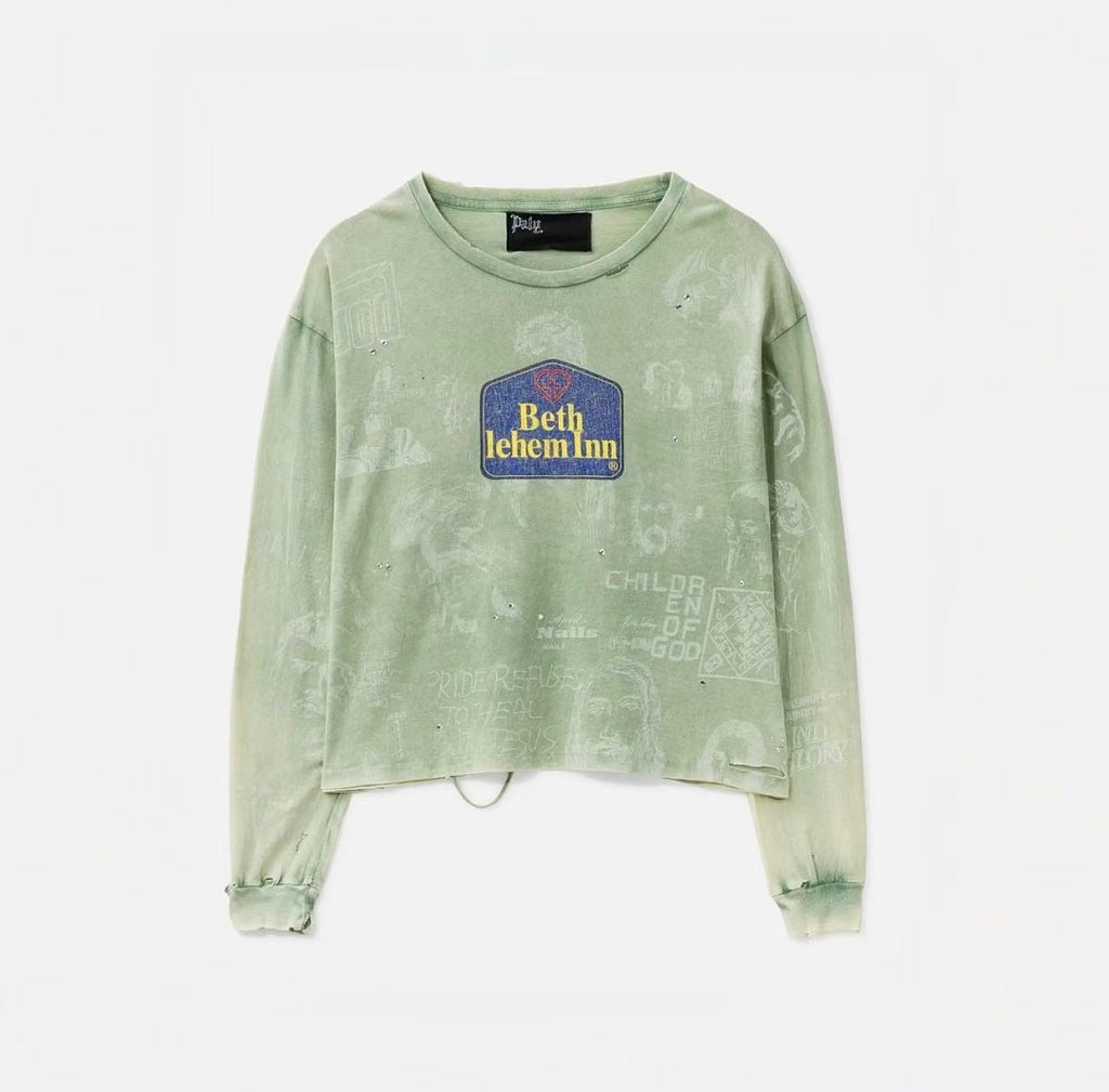 Paly Hollywood Beth Lehem Inn Distressed Cropped Long-Sleeve Tee