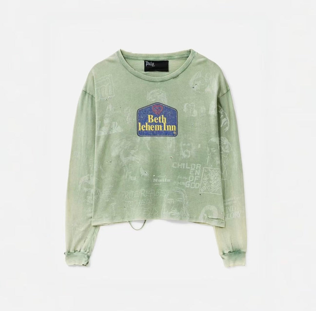 Paly Hollywood Beth Lehem Inn Distressed Cropped Long-Sleeve Tee