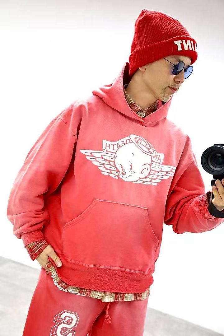 Saint Michael Winged Angel Washed Pink Pullover Hoodie