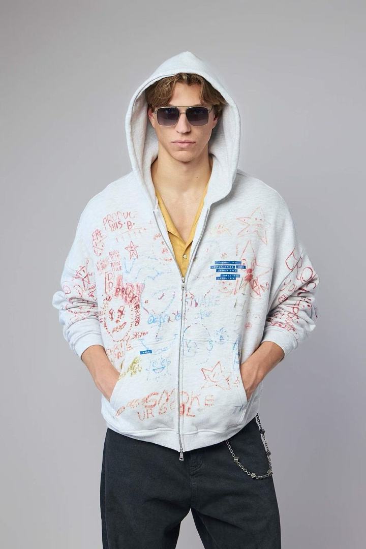 Paly Hollywood All-Over Doodle Graphic Zip-Up Hoodie
