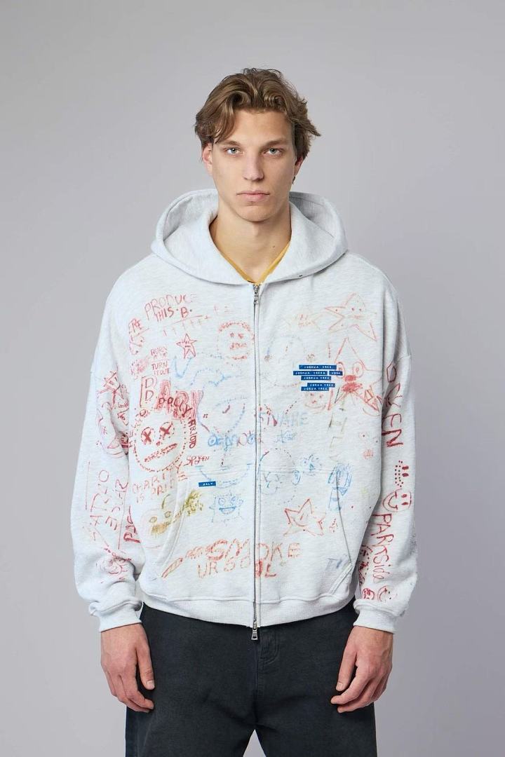 Paly Hollywood All-Over Doodle Graphic Zip-Up Hoodie