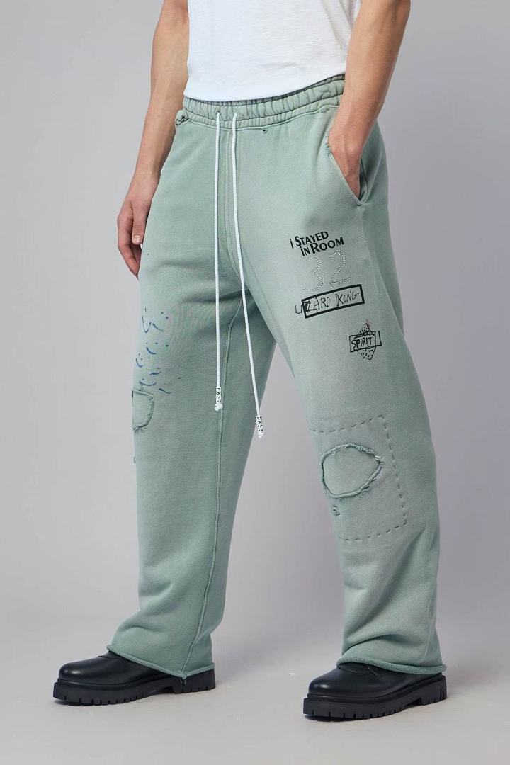 Paly Hollywood Sage Green Distressed Graphic Sweatpants