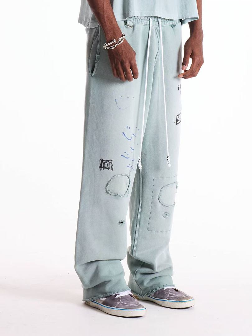 Paly Hollywood Sage Green Distressed Graphic Sweatpants