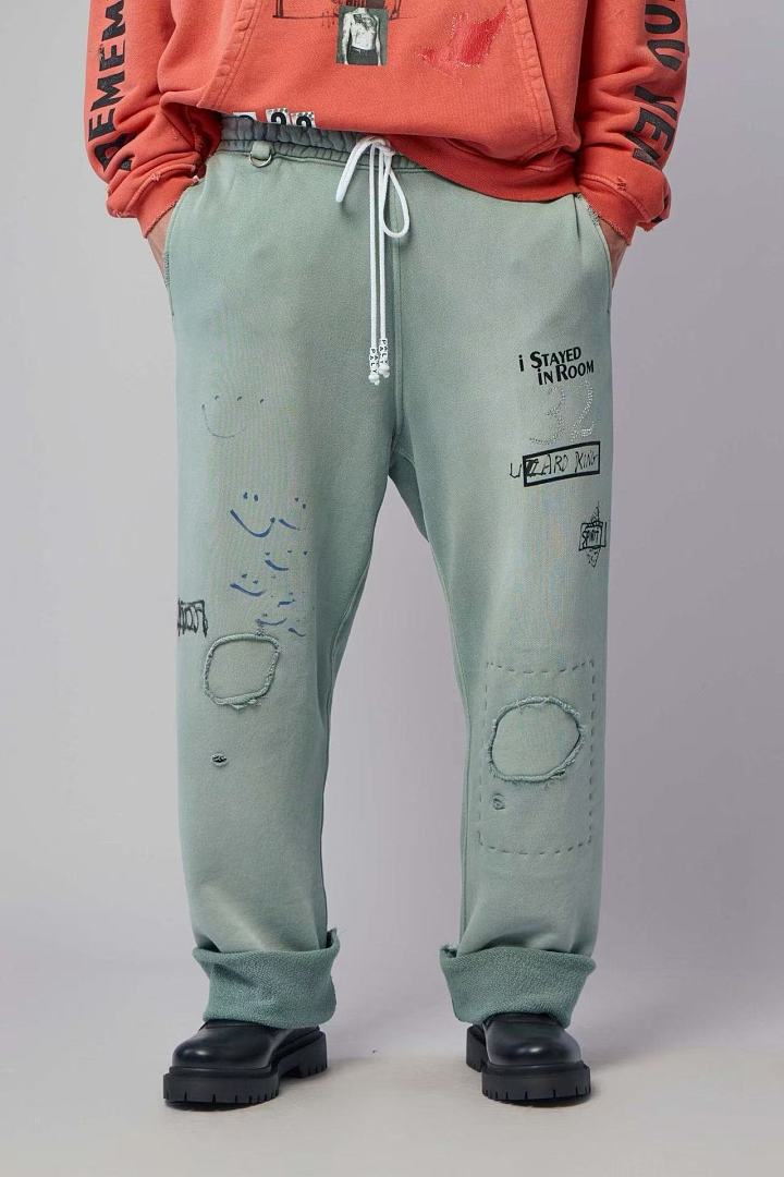 Paly Hollywood Sage Green Distressed Graphic Sweatpants