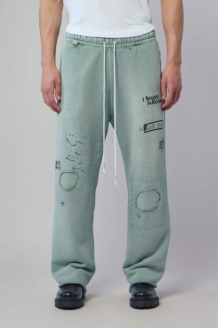 Paly Hollywood Sage Green Distressed Graphic Sweatpants