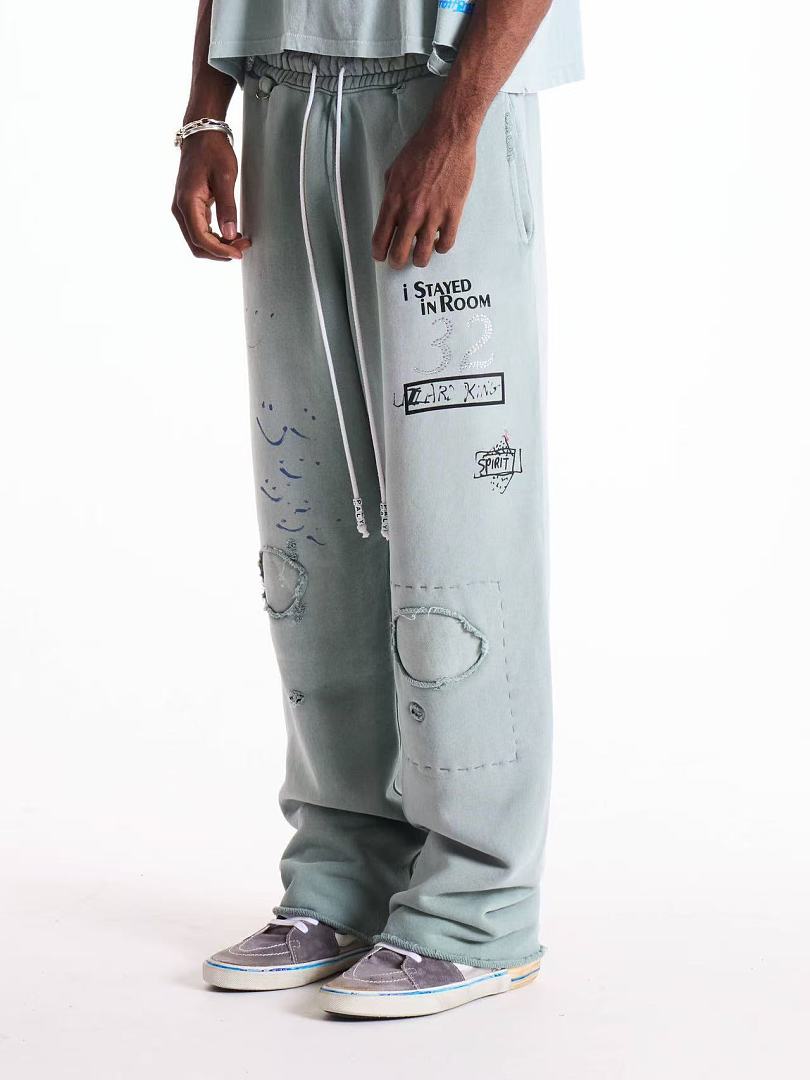 Paly Hollywood Sage Green Distressed Graphic Sweatpants