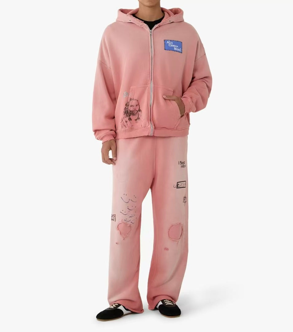 Paly Hollywood Pink Distressed Graphic Sweatpants
