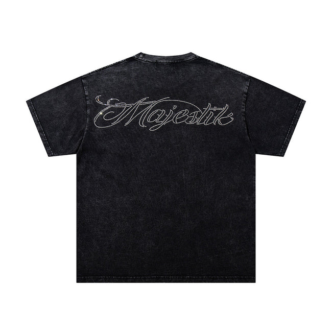 Majestik “Victory Lap” Racing Skeleton Rhinestone Vintage Tee（Black） Main Image