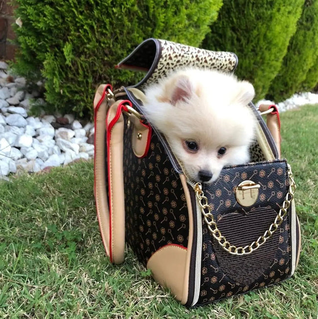 Luxury Pet Carrier Breathable Mesh PU Leather Travel Handbag Small Dogs Cats Hover Image