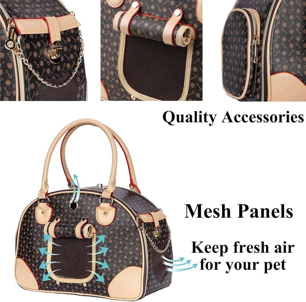 Luxury Pet Carrier Breathable Mesh PU Leather Travel Handbag Small Dogs Cats