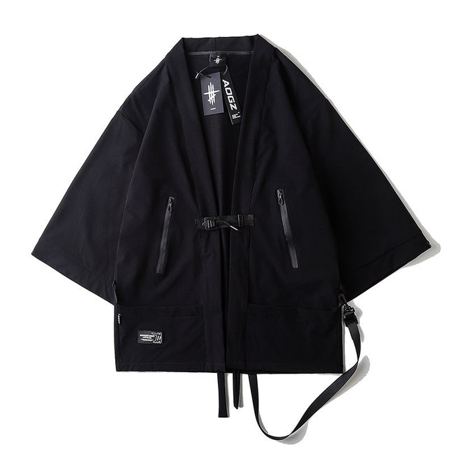Techwear Tactical Black Kimono Cardigan Hover Image