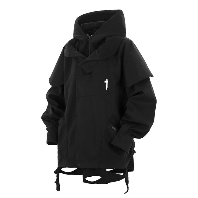 Techwear Layered Poncho Black Hooded Jacket Hover Image