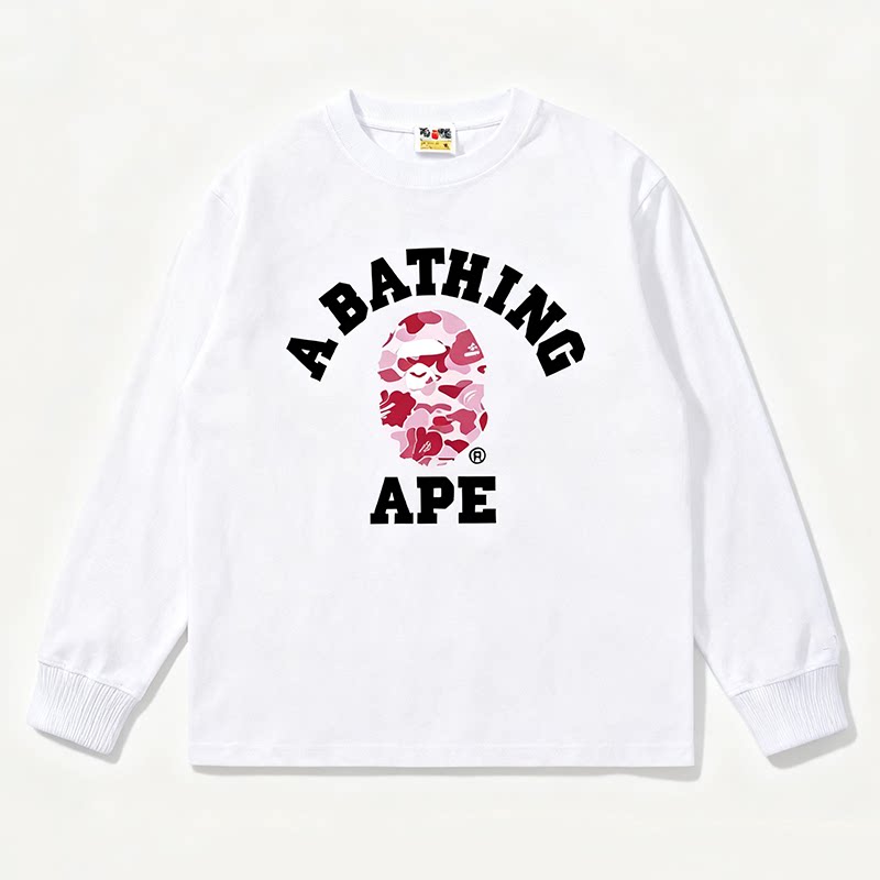 BAPE Style Collegiate Arc Logo & Camo Ape Head Long-Sleeve Tee - White/Pink