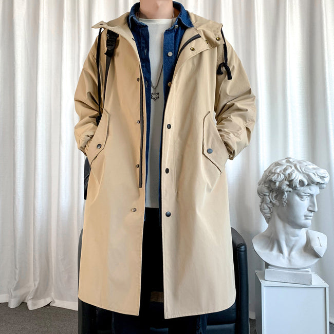 Minimalist Khaki Longline Hooded Trench Coat Hover Image