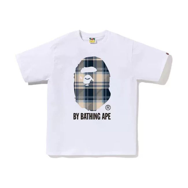 BAPE Style Tartan Plaid Big Ape Head Short-Sleeve Tee - White/Blue Hover Image