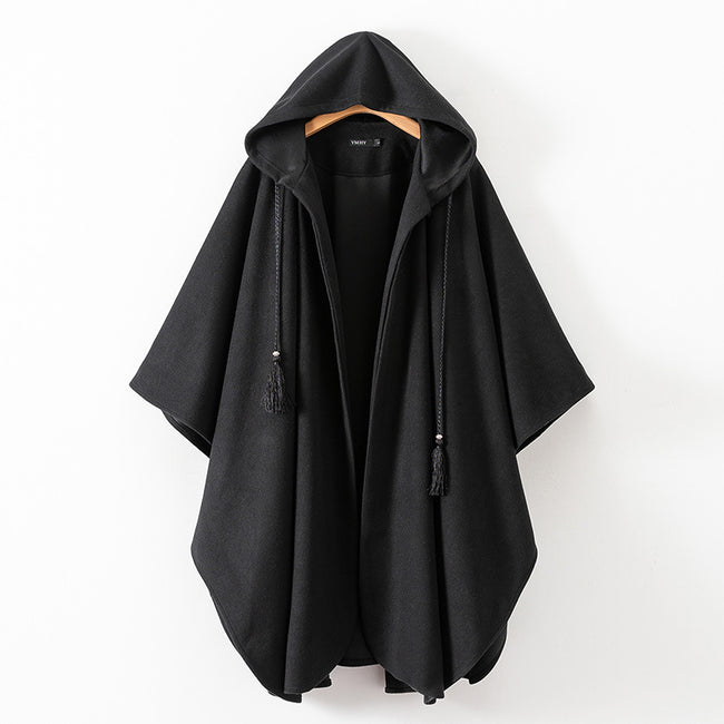 Minimalist Solid Black Hooded Poncho Cape Hover Image