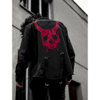 Red Horned Skull Graphic Black Denim Jacket
