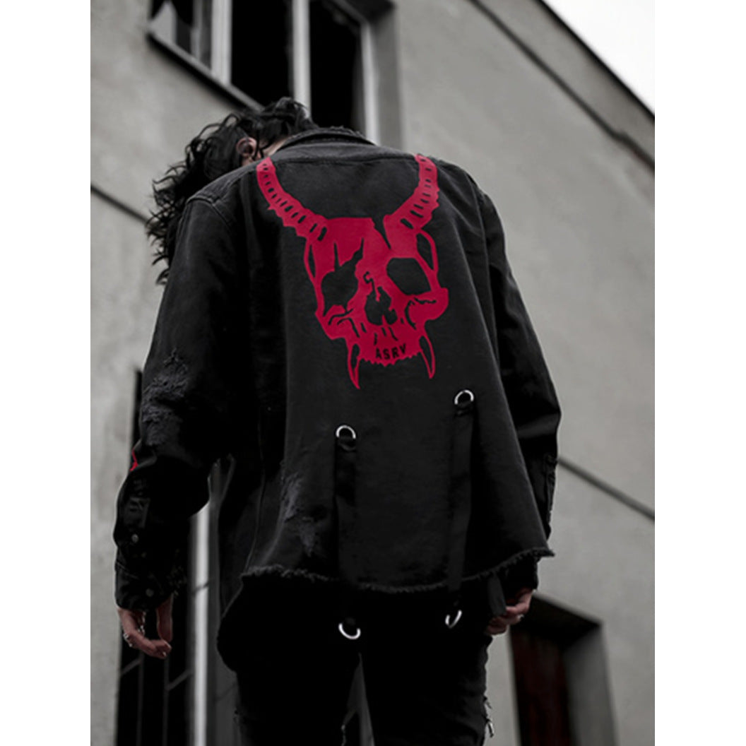 Red Horned Skull Graphic Black Denim Jacket