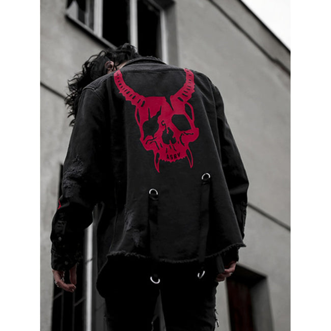 Red Horned Skull Graphic Black Denim Jacket Hover Image