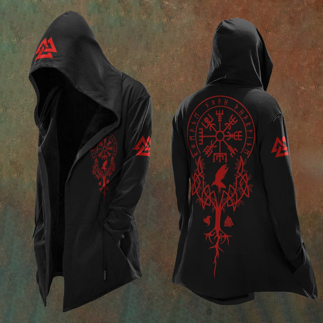 Red Norse Compass & Raven Hooded Black Cardigan Hover Image
