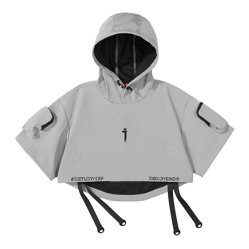 Grey Short-Sleeve Cropped Techwear Hoodie