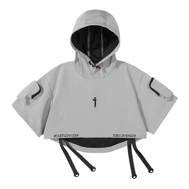 Grey Short-Sleeve Cropped Techwear Hoodie Hover Image