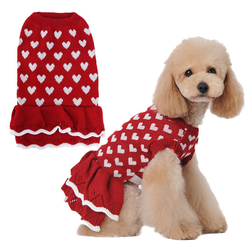 Autumn And Winter Warm Red Pink Love Dog Clothes