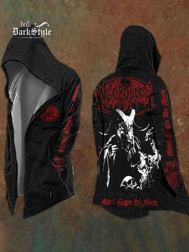 Black Metal Goat & Red Typography Black Hooded Cardigan