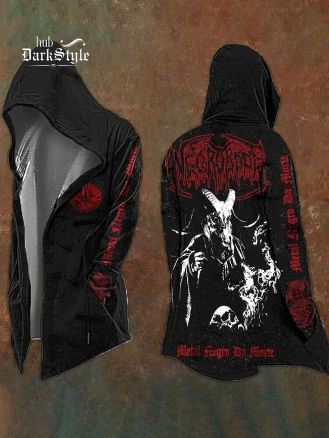 Black Metal Goat & Red Typography Black Hooded Cardigan Hover Image