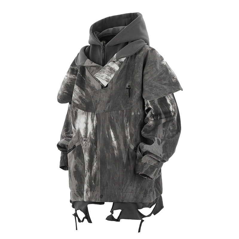 Techwear Layered Poncho Distressed Grey Jacket
