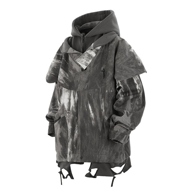 Techwear Layered Poncho Distressed Grey Jacket Hover Image