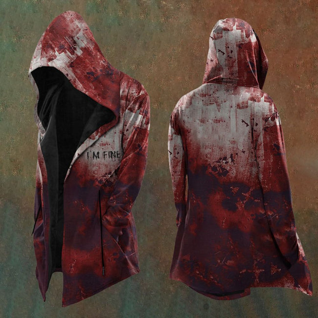 Red Blood Splatter "I'M FINE" Hooded Cardigan Hover Image