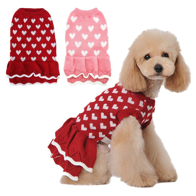 Autumn And Winter Warm Red Pink Love Dog Clothes