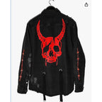 Red Horned Skull Graphic Black Denim Jacket