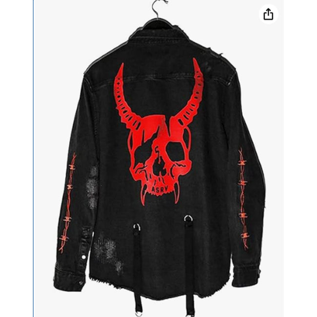 Red Horned Skull Graphic Black Denim Jacket Main Image