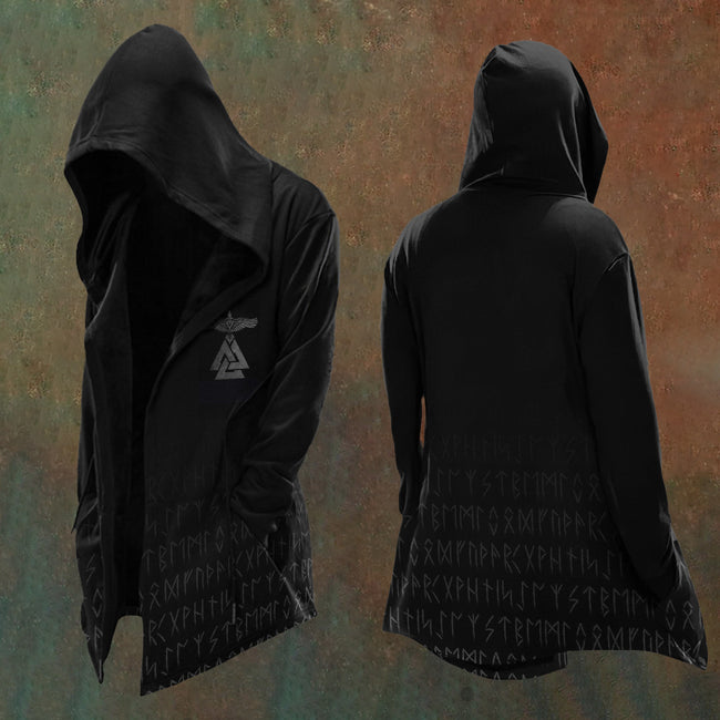 Norse Valknut & Runic Hem Hooded Black Cardigan Hover Image