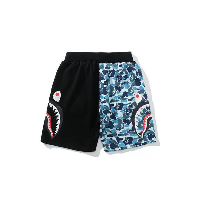 BAPE Style Split-Color Camo Shark Casual Shorts - Black/Blue Hover Image